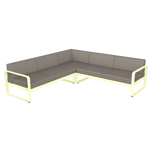 Fermob Bellevie modular sofa Composition 2– Frosted Lemon frame with Grey Taupe fabric cushions