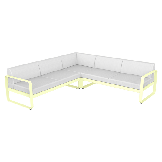 Fermob Bellevie modular sofa Composition 2– Frosted Lemon frame with Off-White fabric cushions