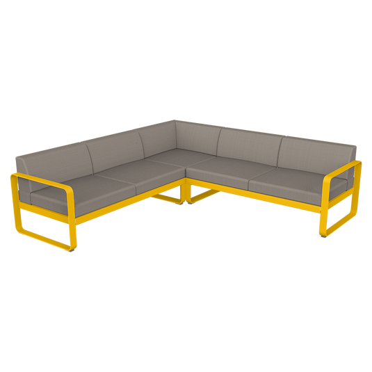 Fermob Bellevie modular sofa Composition 2– Honey frame with Grey Taupe fabric cushions