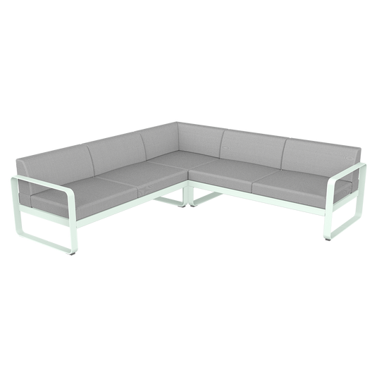 Fermob Bellevie modular sofa Composition 2– Ice Mint frame with Flannel Grey fabric cushions