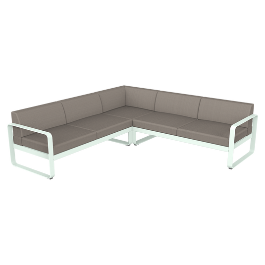 Fermob Bellevie modular sofa Composition 2– Ice Mint frame with Grey Taupe fabric cushions