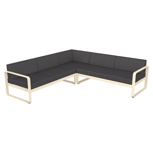 Fermob Bellevie modular sofa Composition 2– Latte Beige frame with Graphite Grey fabric cushions