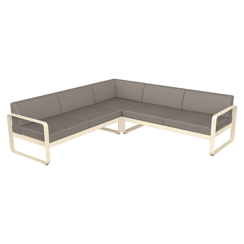 Load image into Gallery viewer, Fermob Bellevie modular sofa Composition 2– Latte Beige frame with Grey Taupe fabric cushions
