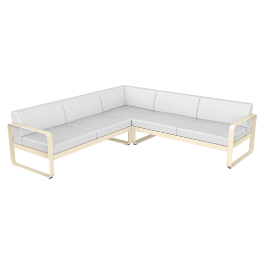 Fermob Bellevie modular sofa Composition 2– Latte Beige frame with Off-White fabric cushions