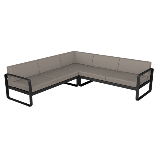 Fermob Bellevie modular sofa Composition 2– Liquorice frame with Grey Taupe fabric cushions