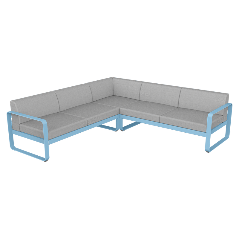 Load image into Gallery viewer, Fermob Bellevie modular sofa Composition 2– Maya Blue frame with Flannel Grey fabric cushions
