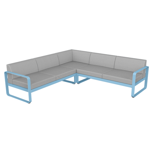 Fermob Bellevie modular sofa Composition 2– Maya Blue frame with Flannel Grey fabric cushions