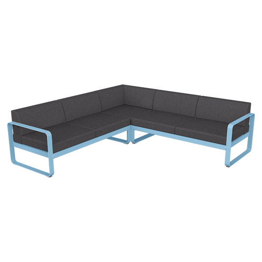 Fermob Bellevie modular sofa Composition 2– Maya Blue frame with Graphite Grey fabric cushions