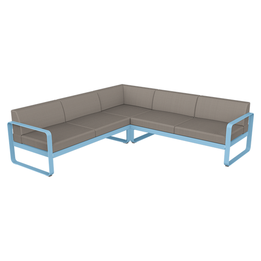 Fermob Bellevie modular sofa Composition 2– Maya Blue frame with Grey Taupe fabric cushions