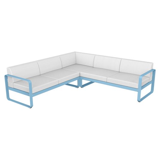 Fermob Bellevie modular sofa Composition 2– Maya Blue frame with Off-White fabric cushions