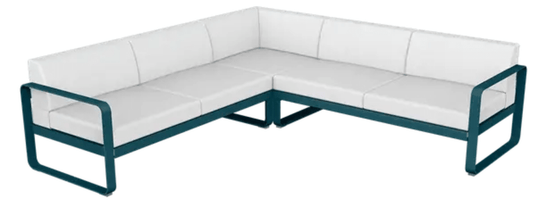 Fermob Bellevie outdoor lounge set with blue and off-white sofa modules, modern modular design for garden or patio seating.