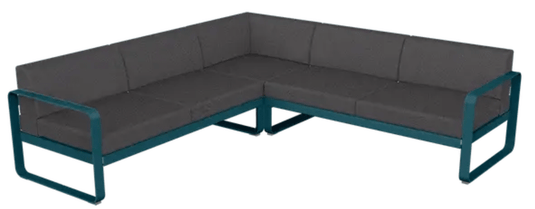 Fermob Bellevie Composition 2 outdoor lounge sofa set with graphite grey cushions and modular design for patio or garden.