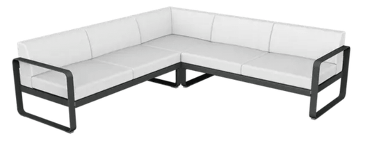 Fermob Bellevie Composition 2 outdoor lounge sofa set with antracite and off-white cushions, modern modular design for outdoor seating.