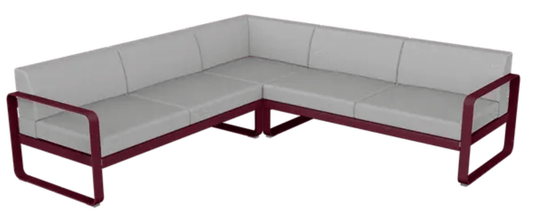 Black cherry and grey Fermob Bellevie outdoor sofa composition with modular seating and plush cushions for outdoor lounging.