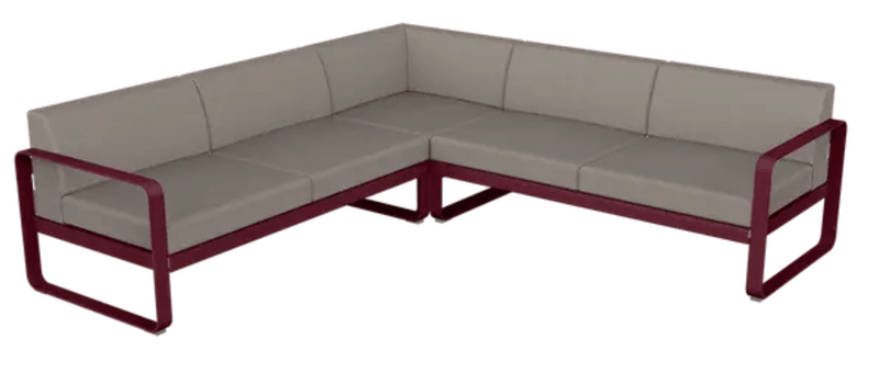 Load image into Gallery viewer, Fermob Bellevie Composition 2 outdoor lounge set with black, cherry, grey, and taupe cushions on a modern sofa.
