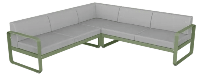 Load image into Gallery viewer, Fermob Bellevie Composition 2 outdoor sofa set with grey cushions and cactus-colored fabric, modular lounge for outdoor seating.
