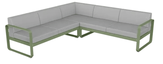 Fermob Bellevie Composition 2 outdoor sofa set with grey cushions and cactus-colored fabric, modular lounge for outdoor seating.