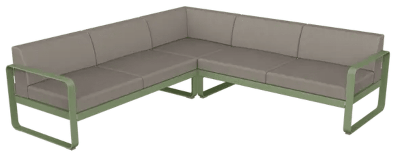 Load image into Gallery viewer, Fermob Bellevie Composition 2 outdoor lounge sofa set with cactus, grey, and taupe cushions and modular design.
