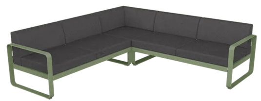 Graphite grey Fermob Bellevie Composition 2 outdoor sofa set with modular lounge pieces and cushions, perfect for outdoor seating.