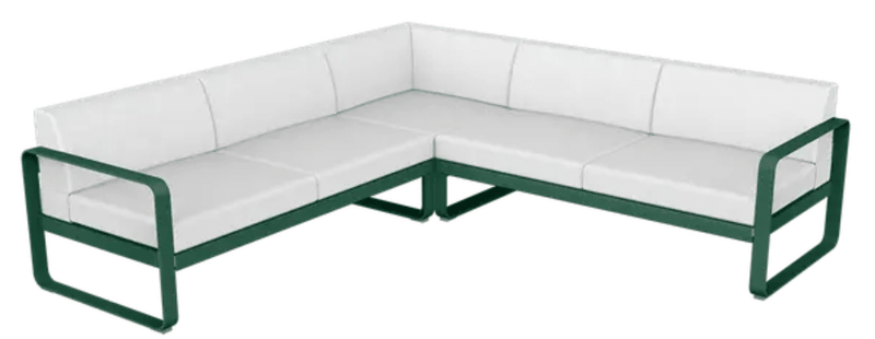 Load image into Gallery viewer, Fermob Bellevie modular outdoor sofa set with cedar, green, and off-white cushions in a stylish garden setting
