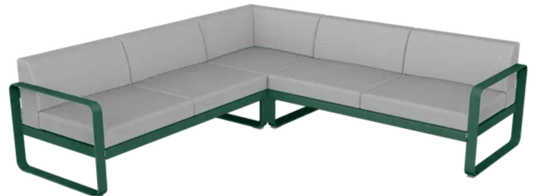Load image into Gallery viewer, Cedar green and grey Fermob Bellevie outdoor sofa composition with modular seating and plush cushions, ideal for patio lounging.

