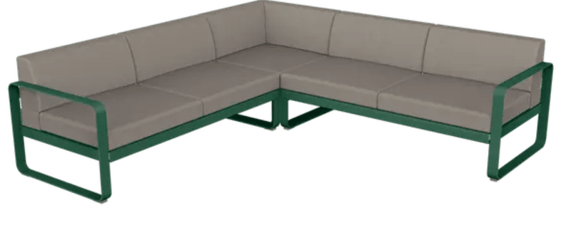 Load image into Gallery viewer, Fermob Bellevie Composition 2 outdoor lounge sofa set with cedar green, grey, and taupe cushions on a patio.

