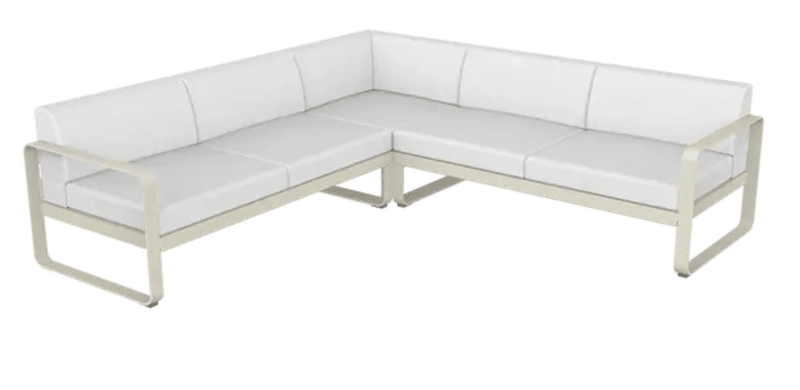 Load image into Gallery viewer, Fermob Bellevie outdoor sofa composition in clay gray, with off-white cushions, part of the modular lounge set for patio or garden.
