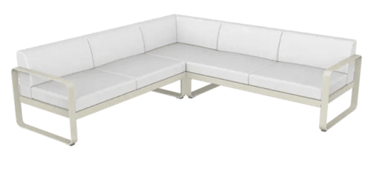 Fermob Bellevie outdoor sofa composition in clay gray, with off-white cushions, part of the modular lounge set for patio or garden.
