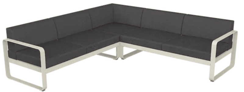 Load image into Gallery viewer, Fermob Bellevie Composition 2 outdoor lounge sofa set with clay, grey, and graphite cushions on a patio.
