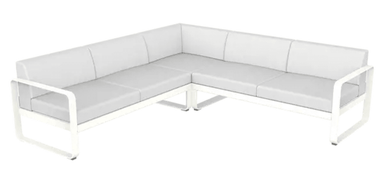 Load image into Gallery viewer, Fermob Bellevie outdoor lounge set with white cotton cushions and modular sofa pieces in a stylish outdoor setting
