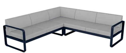 Deep blue and grey Fermob Bellevie outdoor sofa composition with modular seating for stylish outdoor lounging.