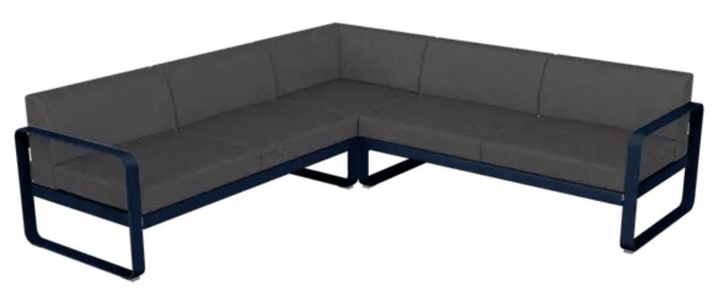 Load image into Gallery viewer, Fermob Bellevie Composition 2 outdoor lounge sofa set with deep blue, graphite grey cushions, modern modular design.
