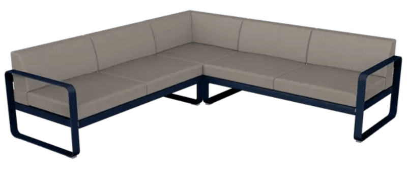 Load image into Gallery viewer, Fermob Bellevie Composition 2 outdoor modular sofa set with deep blue, grey, and taupe cushions arranged for outdoor lounging.
