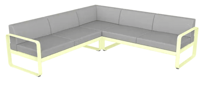 Load image into Gallery viewer, Fermob Bellevie composition 2 outdoor lounge sofa set with frosted lemon, grey fabric cushions, and modular design.
