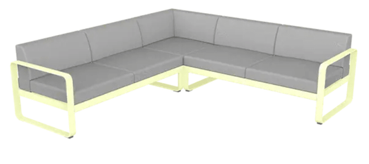 Fermob Bellevie composition 2 outdoor lounge sofa set with frosted lemon, grey fabric cushions, and modular design.
