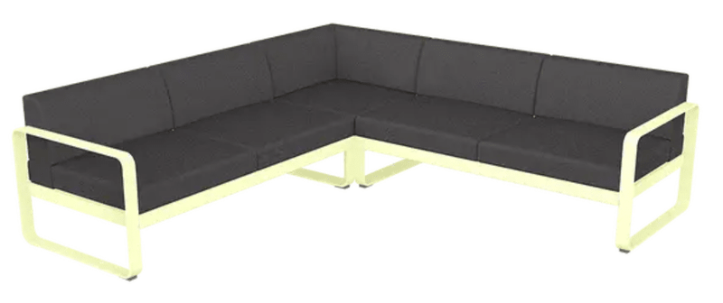 Load image into Gallery viewer, Fermob Bellevie Composition 2 outdoor sofa set with frosted lemon and graphite grey cushions on a patio.
