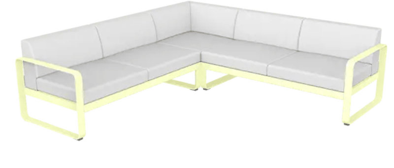 Load image into Gallery viewer, Fermob Bellevie Composition 2 outdoor lounge set with frosted lemon and off-white sofas arranged for outdoor relaxation
