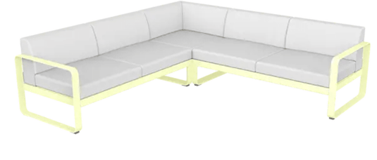 Fermob Bellevie Composition 2 outdoor lounge set with frosted lemon and off-white sofas arranged for outdoor relaxation