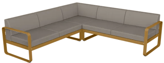 Fermob Bellevie outdoor lounge set with modular sofa in gingerbread grey and taupe, designed for stylish outdoor seating.
