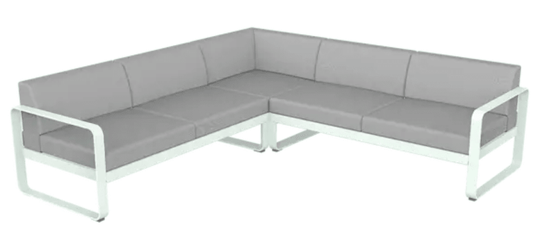 Load image into Gallery viewer, Fermob Bellevie Composition 2 outdoor lounge set with ice mint and grey fabric cushions on modular sofa frames.
