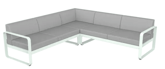 Fermob Bellevie Composition 2 outdoor lounge set with ice mint and grey fabric cushions on modular sofa frames.