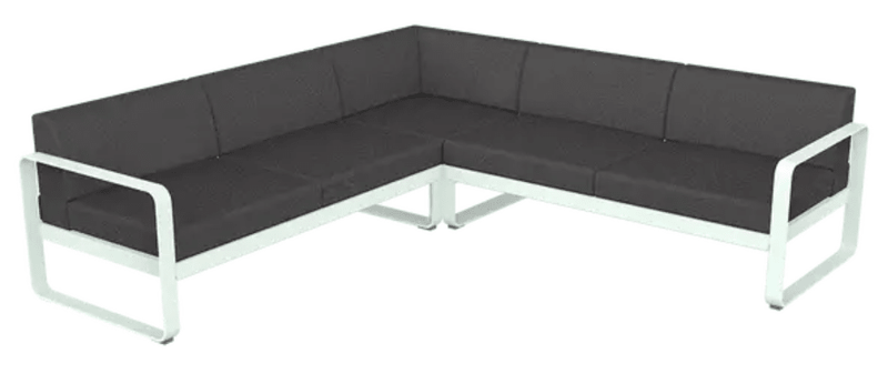 Load image into Gallery viewer, Fermob Bellevie Composition 2 outdoor modular lounge set with ice mint and graphite grey cushions and frame, stylish patio furniture.
