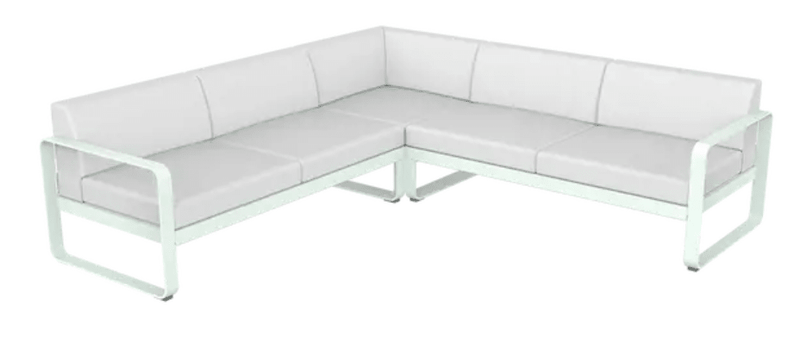 Load image into Gallery viewer, Fermob Bellevie Composition 2 outdoor sofa set in ice mint and off white with modular lounge pieces and cushions.
