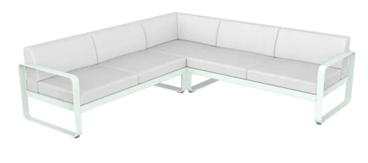 Fermob Bellevie Composition 2 outdoor sofa set in ice mint and off white with modular lounge pieces and cushions.