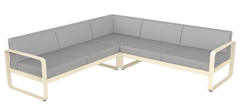 Load image into Gallery viewer, Fermob Bellevie Composition 2 outdoor lounge sofa set with grey latte-colored cushions and modular design for patio or garden.
