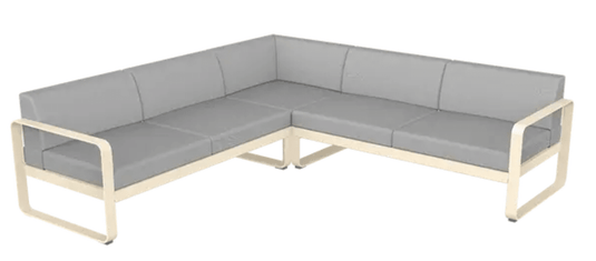 Fermob Bellevie Composition 2 outdoor lounge sofa set with grey latte-colored cushions and modular design for patio or garden.