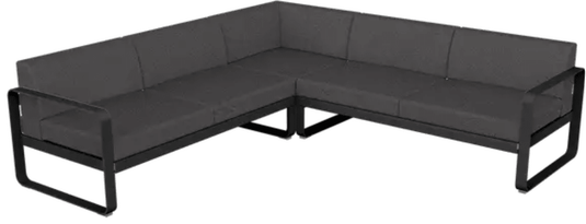 Fermob Bellevie Composition 2 outdoor lounge sofa set in liquorice and graphite grey with modern cushions, suitable for outdoor seating.