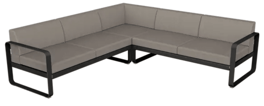 Fermob Bellevie Composition 2 outdoor sofa set with liquorice grey and taupe cushions, modular lounge chairs on patio.