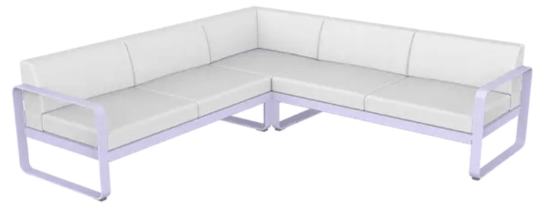 Load image into Gallery viewer, Fermob Bellevie Composition 2 outdoor sofa set with marshmallow blue and off-white cushions, modular lounge furniture.

