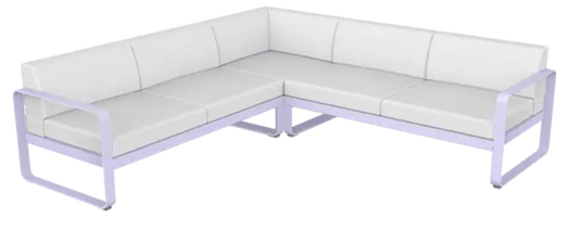 Fermob Bellevie Composition 2 outdoor sofa set with marshmallow blue and off-white cushions, modular lounge furniture.